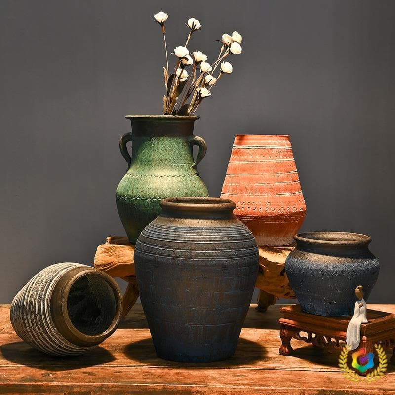 Retro pottery pots, handmade coarse pottery succulent flowerpots, vases, pottery pots, new Chinese style dried flowers