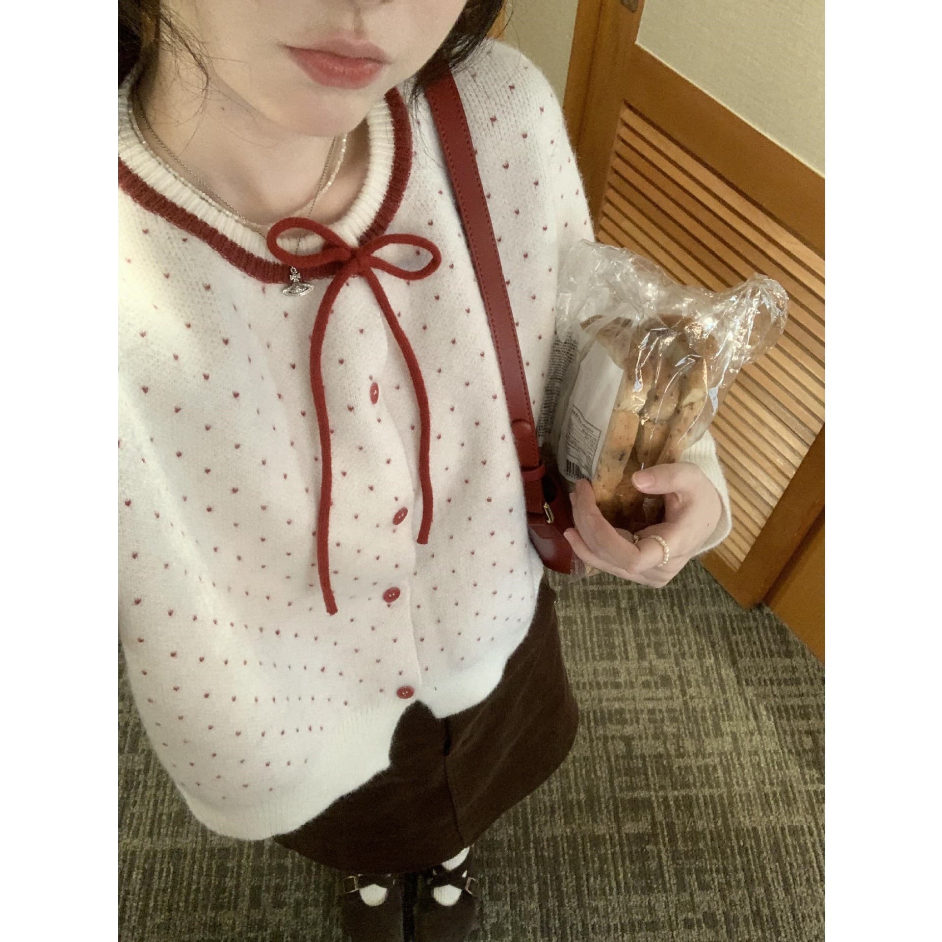 Actual Price#Cashmere#Red Polka Dot Short Cardigan Sweater for Women Autumn Winter Korean Style Petite Knit Jacket