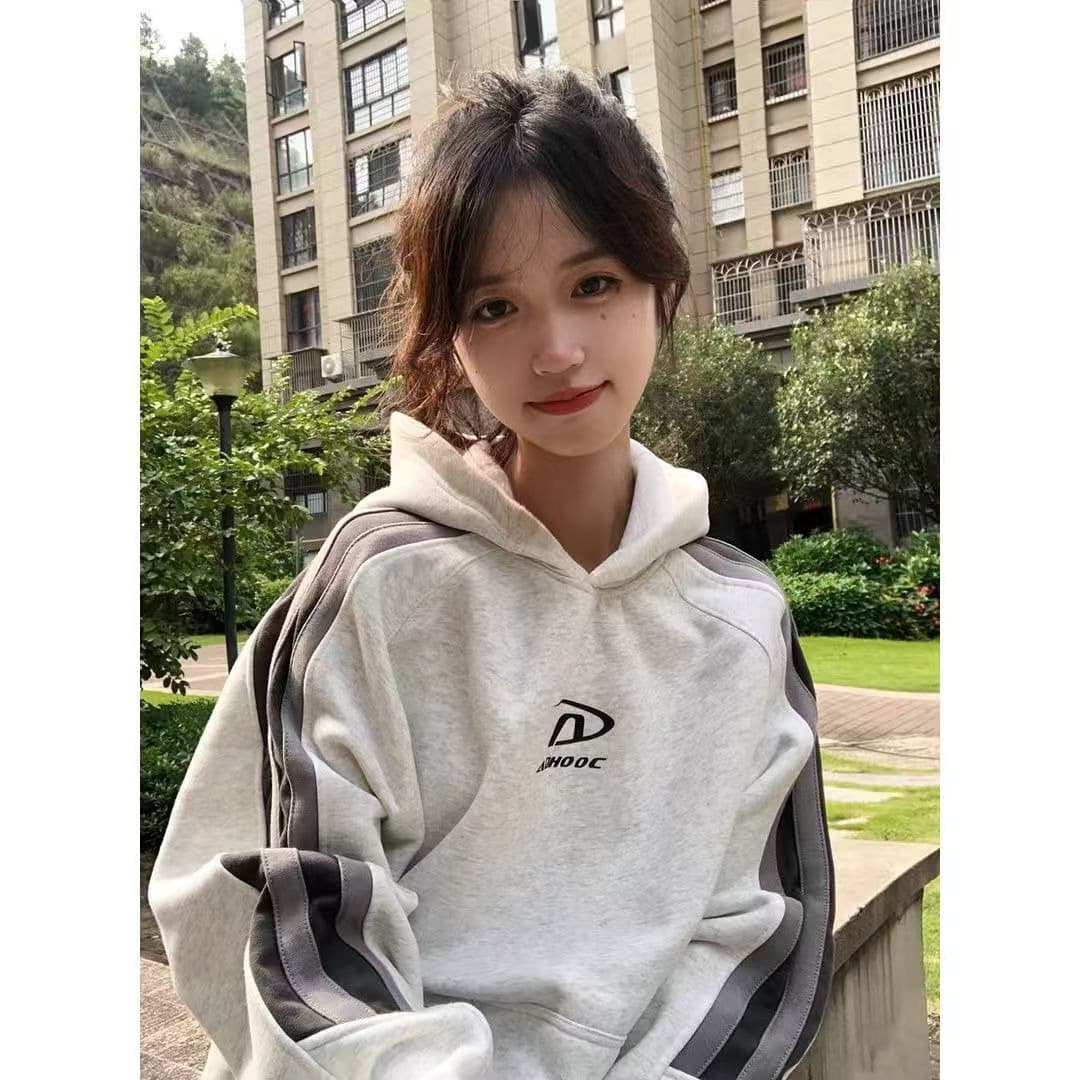 American Retro Hooded Sweatshirt Women's Fall New Spliced Hoodie Jacket Heavyweight Raglan Sleeve Oversize Top