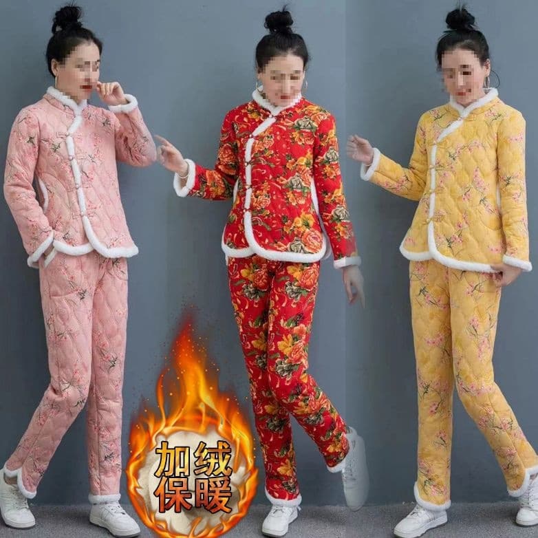 Northeast Floral New Style Women's Fleece-Lined Cotton Jacket and Pants Two-Piece Set, Tang Suit Ethnic Style Mom Floral Cotton Clothing