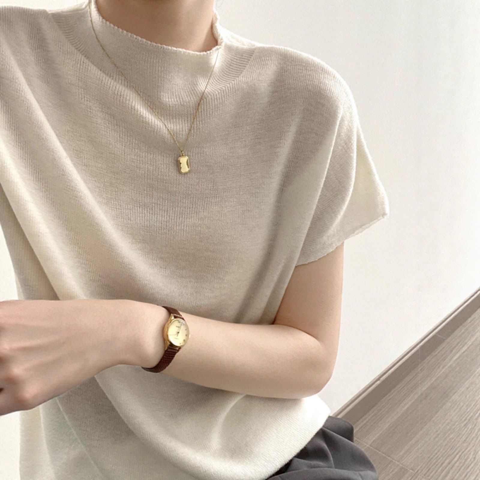Basic House Black Mock Neck Short Sleeve Knit Top Women's Summer Slim Fit Ice Silk Tee