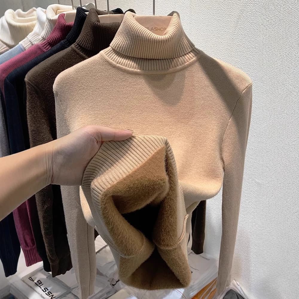 Turtleneck sweater for women with velvet and thickening 2025 autumn and winter new style all-in-one mink velvet inner top bottoming shirt for women winter thick
