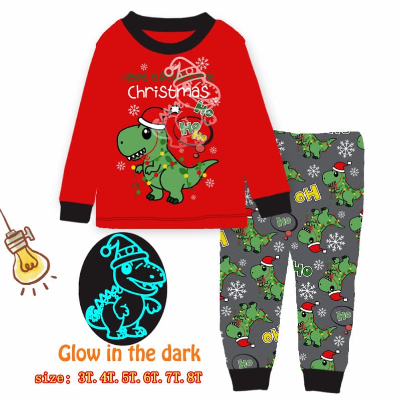 Children's Animal Dinosaur Christmas Pajamas Suit Spring and Autumn Girls' Boys' Long Sleeve Pullover Crewneck Home Clothes