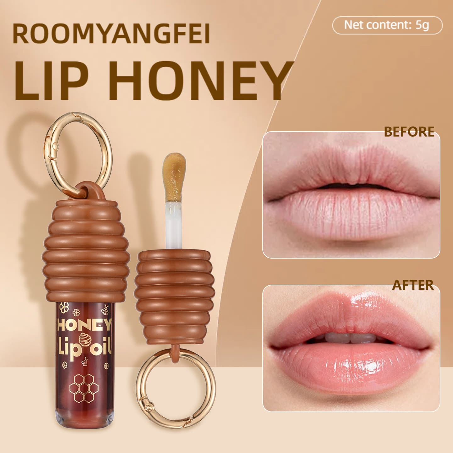 Honey Lip Essence Moisturizing with Keychain Clip-on Lip Gloss Lip Oil Moisturizing Honey Plumping Lip Oil