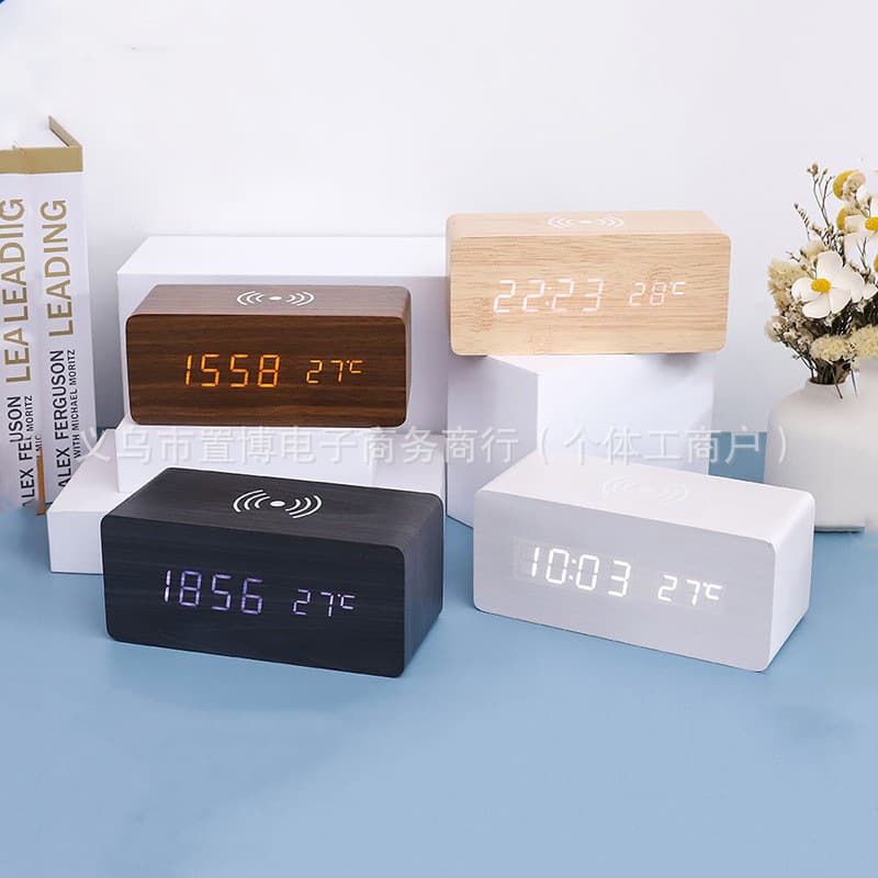 Alarm clock wooden clock LED digital multi-function alarm clock wireless charging wooden LED children's bedside clock with temperature