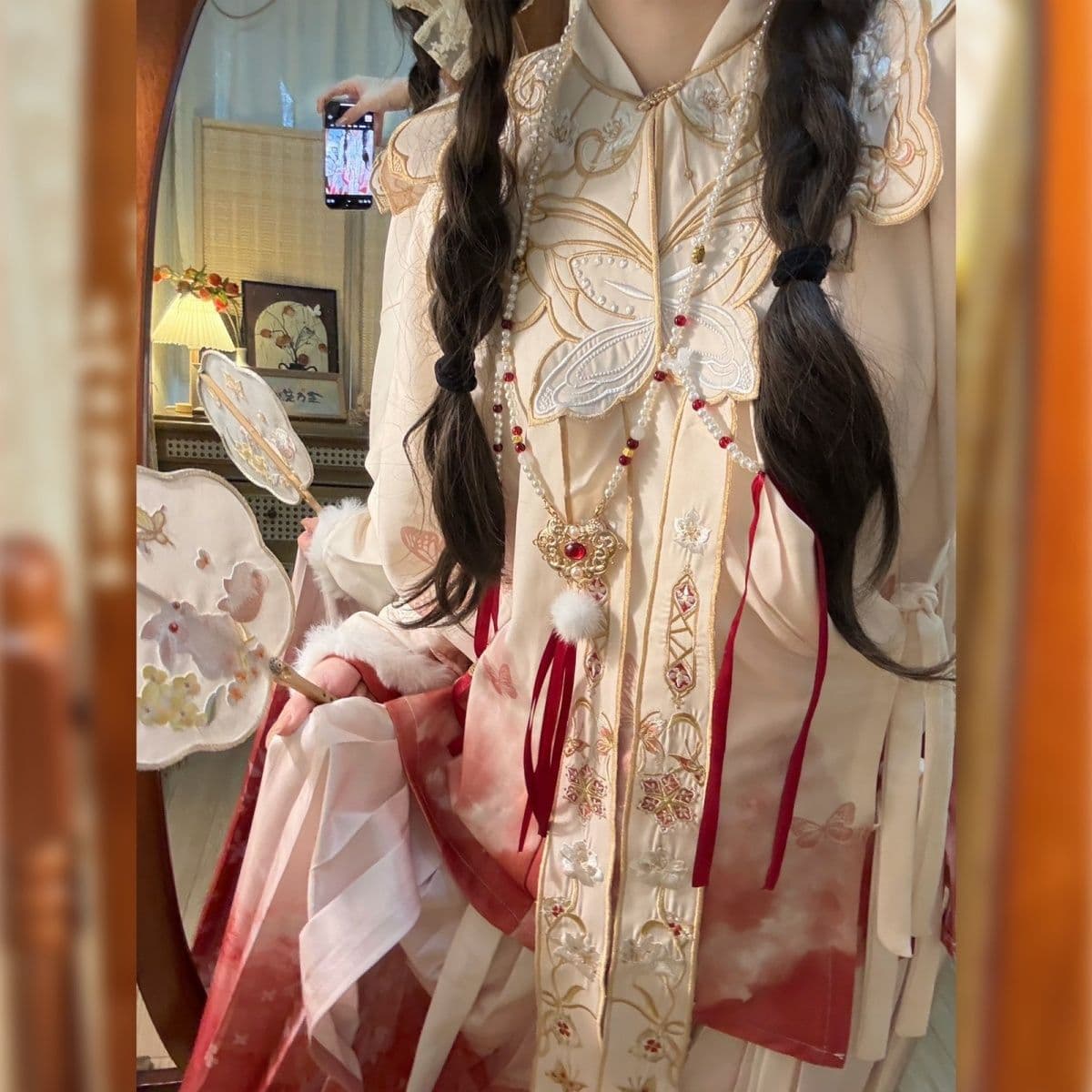 Hanyuji [Peach Glow] Original Hanfu Women Sino-Western Eclectic Ming Style Pipa Sleeves Lolita Autumn/Winter New Year Outfit