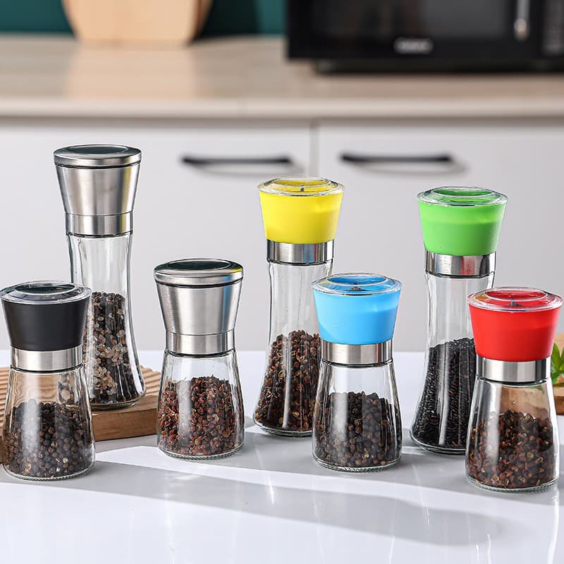 Cross-border Manual Grinder, Household Stainless Steel Kitchen Sea Salt and Pepper Grinder Bottle, Seasoning Dispenser Glass Jar