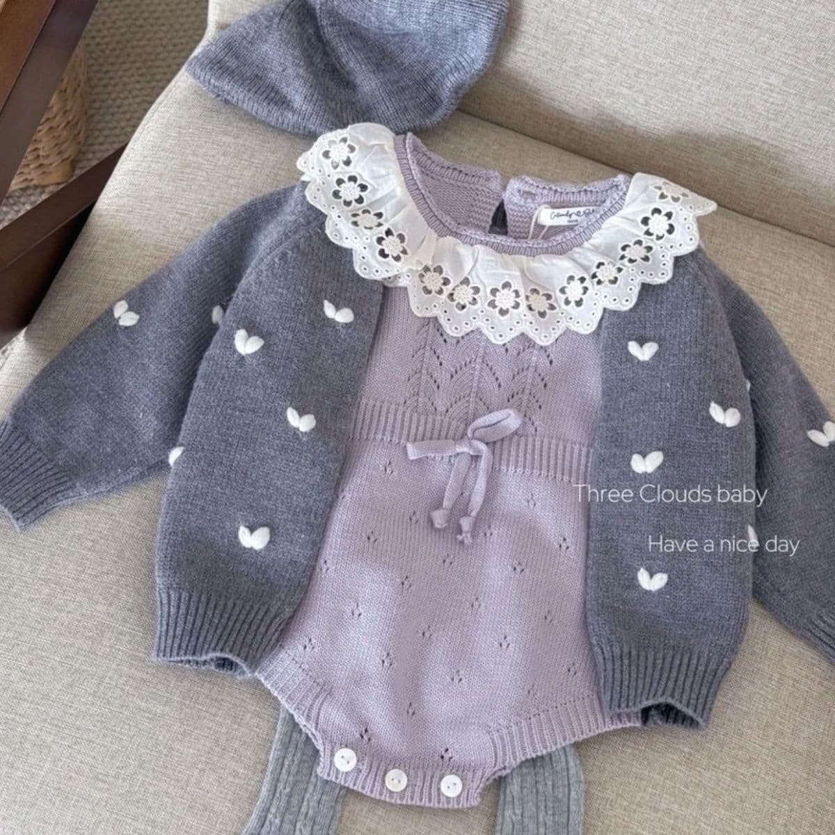 Baby Girl Spring Autumn Set New Infant Ruffle Knit Dot Dot Cute Princess Bodysuit Romper Jacket