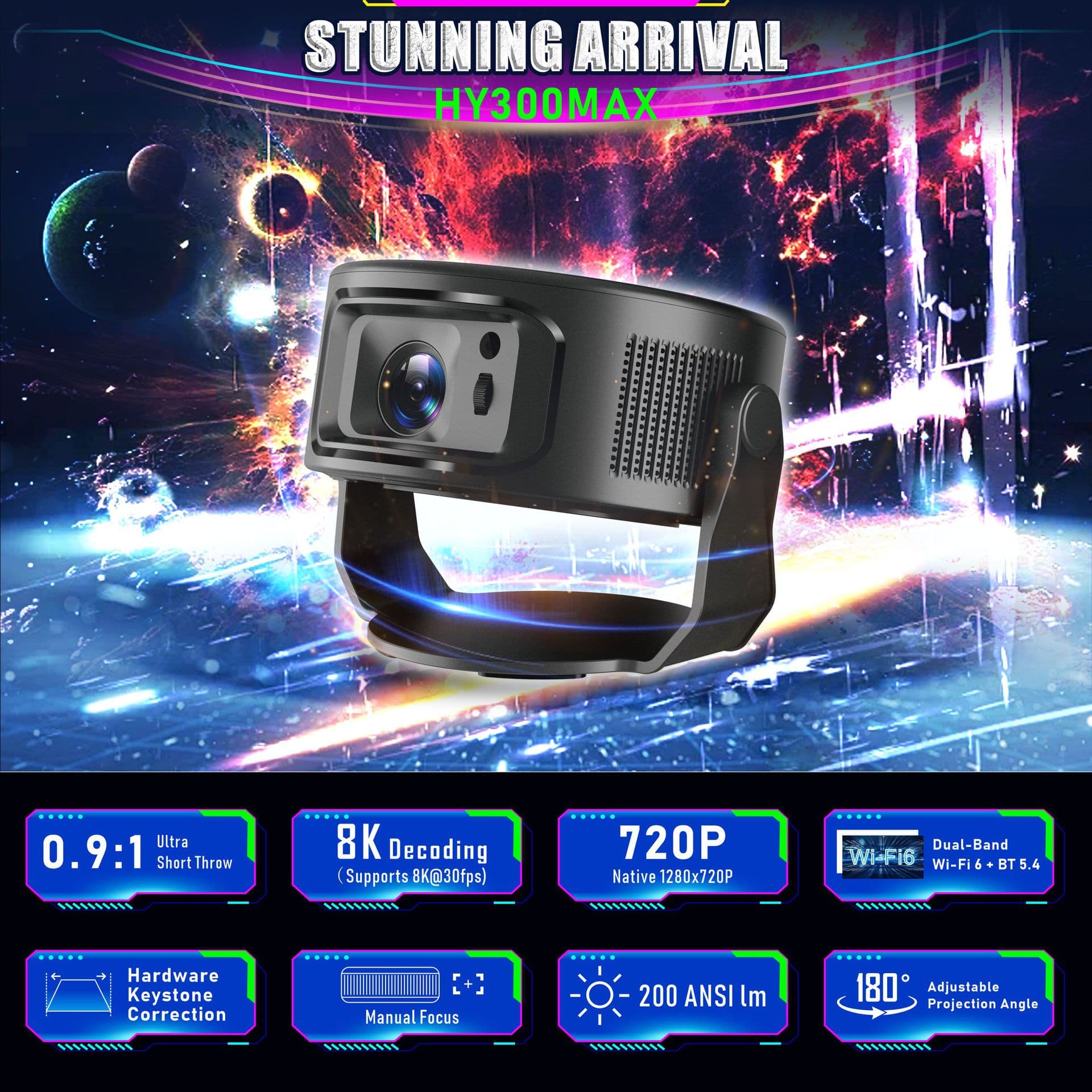 HY300max Cross-border Projector 200 Lumens Android 14 Ultra HD 8K Resolution Bedroom Projector Allwinner H726