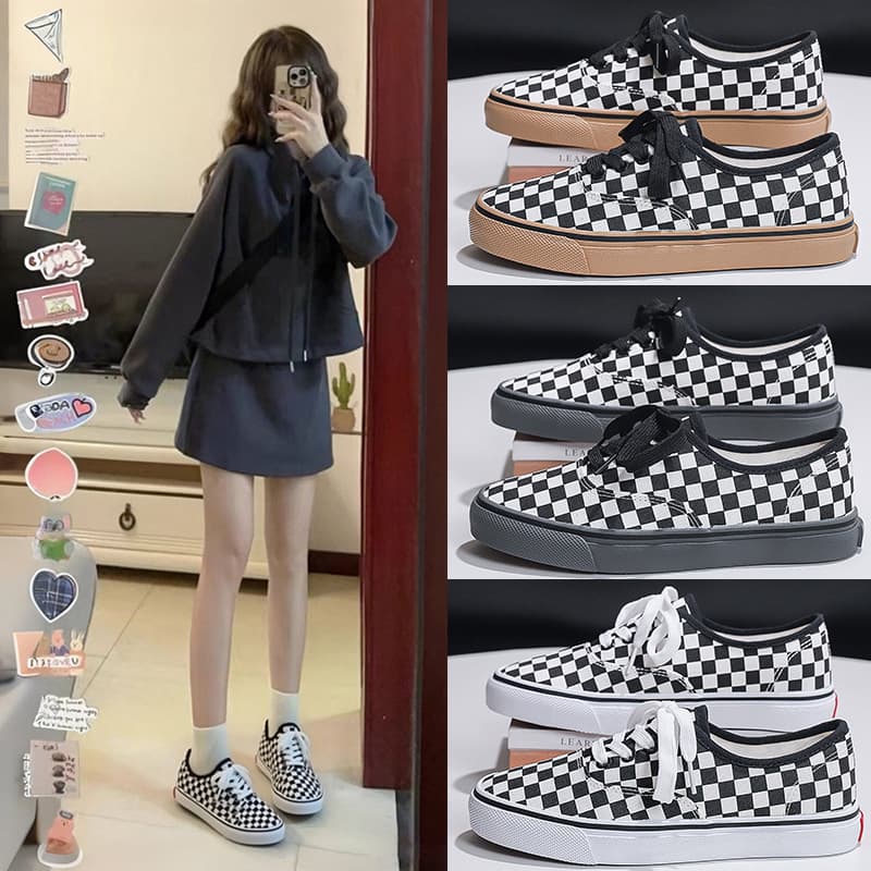 2025 Spring New Canvas Shoes Couple Versatile Unisex Black White Checkered Flat Korean Style Laced Black Skate Shoes