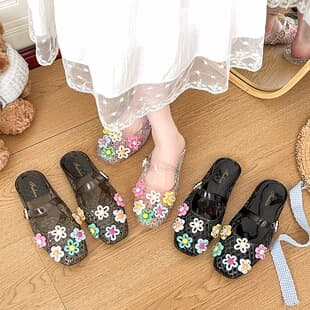 Closed Toe Half Slippers Transparent Shoe Flower Accessories Beach Shoes Korean Jelly Shoes Women's Slippers Fashion Versatile Slippers Cross-border