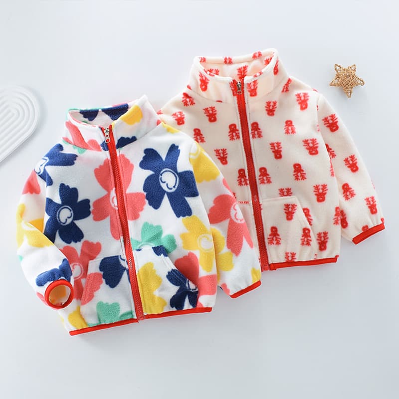 Girls' Spring Autumn Fleece Lined Jacket Warm Outfit for Kids Cute Korean Style Long Sleeve round Neck Zipper Soft Polyester Coat