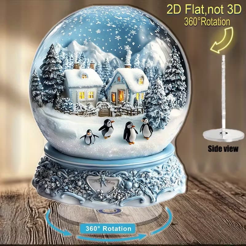 Cross-border 2D Flat Printing 360° Rotating Snow Scene Penguin Cabin Desktop Ornament for Indoor and Outdoor Festivals