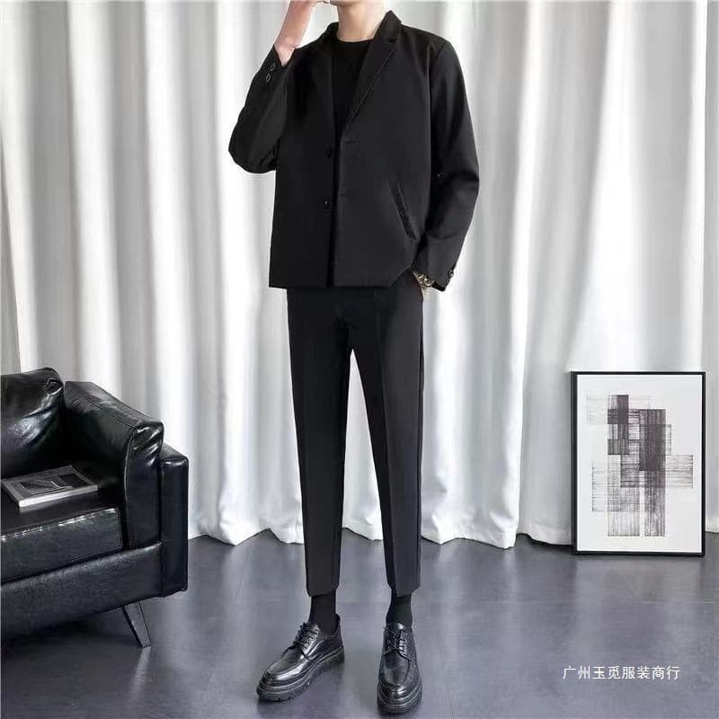 Men's Suit Set Youth Stylish Slim-Fit Blazer Jacket Spring Autumn Korean Casual Trousers Trendy DK Top