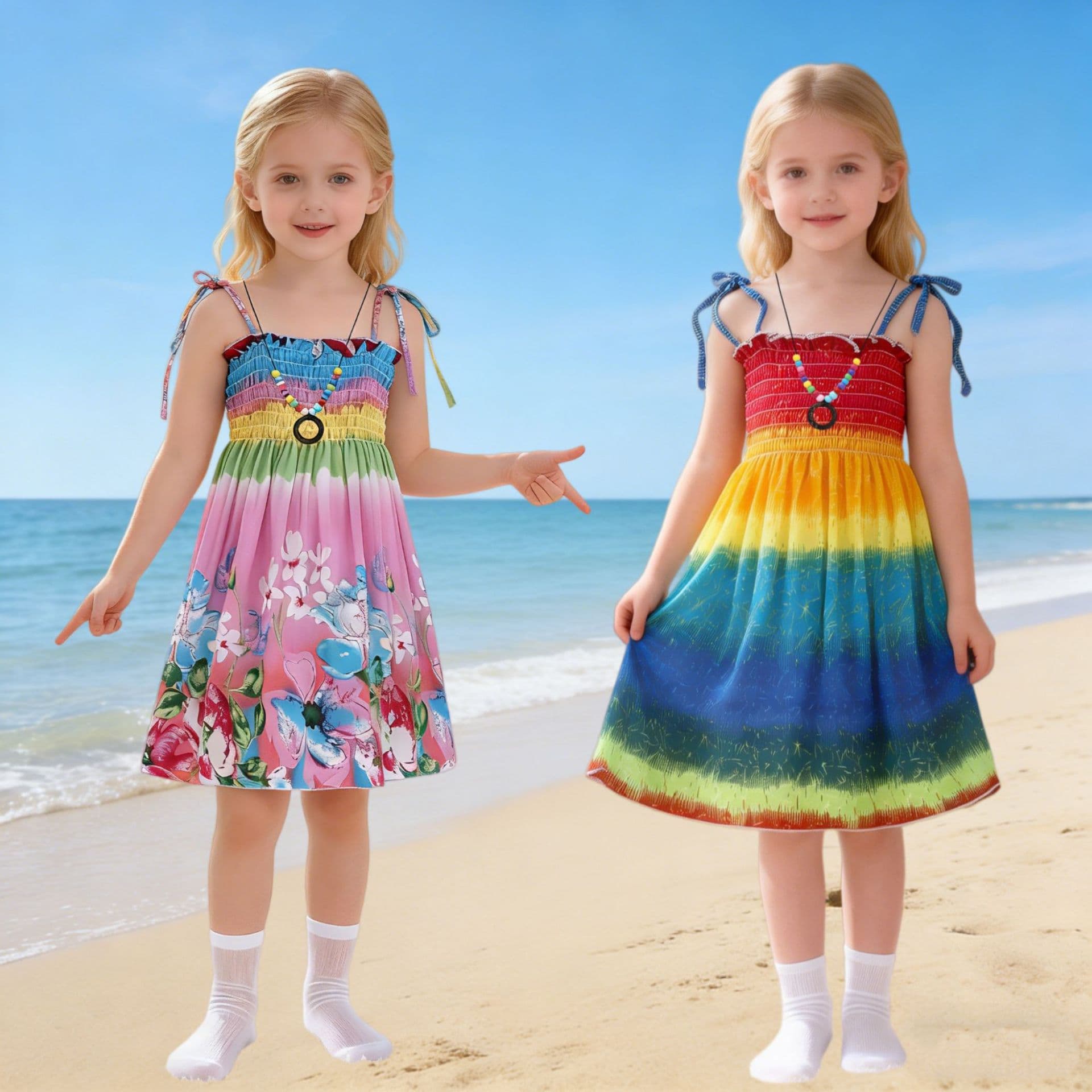 Summer Girls Beach Dress Bohemian Children's Dress Seaside Vacation Strapless Dress Baby Rayon Cotton Silk Dress