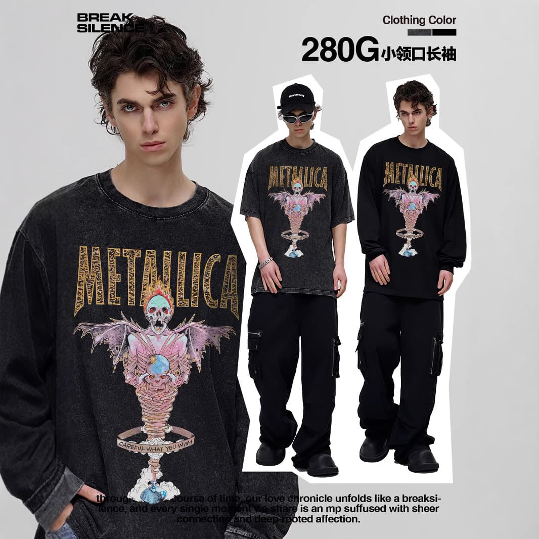 Metallica washed heavyweight vintage short-sleeve T-shirt, cross-border rock band, trendy pure cotton T-shirt for both men and women