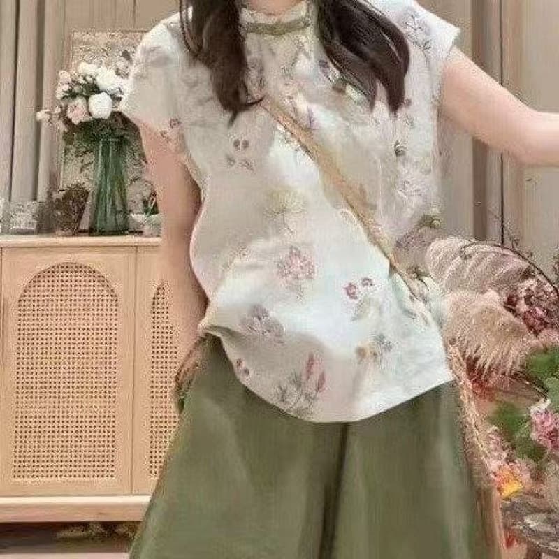 Dropshipping New Chinese Style Set 2026 Summer Figure-Flattering Floral Panel Top Loose Print Top Gentle Style