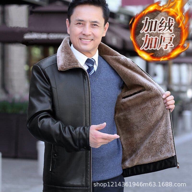 2025 winter clearance middle-aged men's leather jacket fur-integrated men's outerwear autumn/winter fleece-lined thickened dad style.