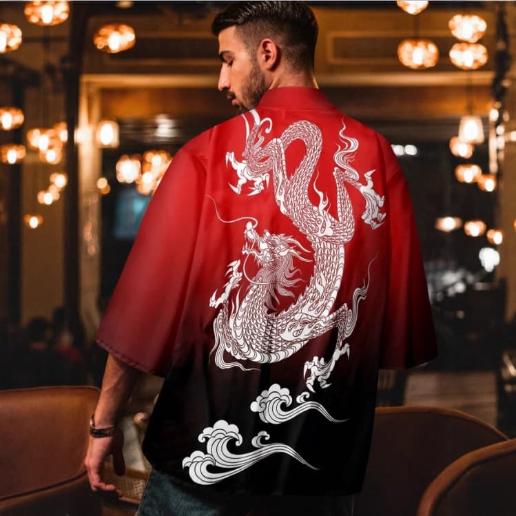 Haori Kimono Cardigan Japanese Style Harajuku Retro Fierce Dragon Print Spring Summer Men Women Couple Jacket