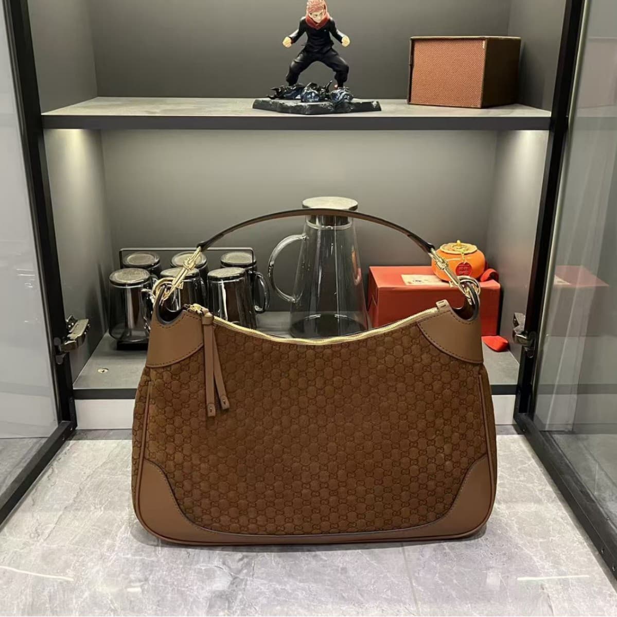 Large Body Double Lock Handbag G Classic Fashion Shoulder Bag Underarm Bag Suede Embossed Rubber Leather