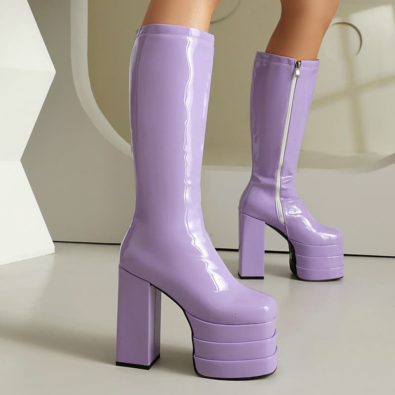 Women's High Boots Candy Color Patent Leather Platform Thick Heel Ultra High Heel Side Zipper Over-the-Knee Boots