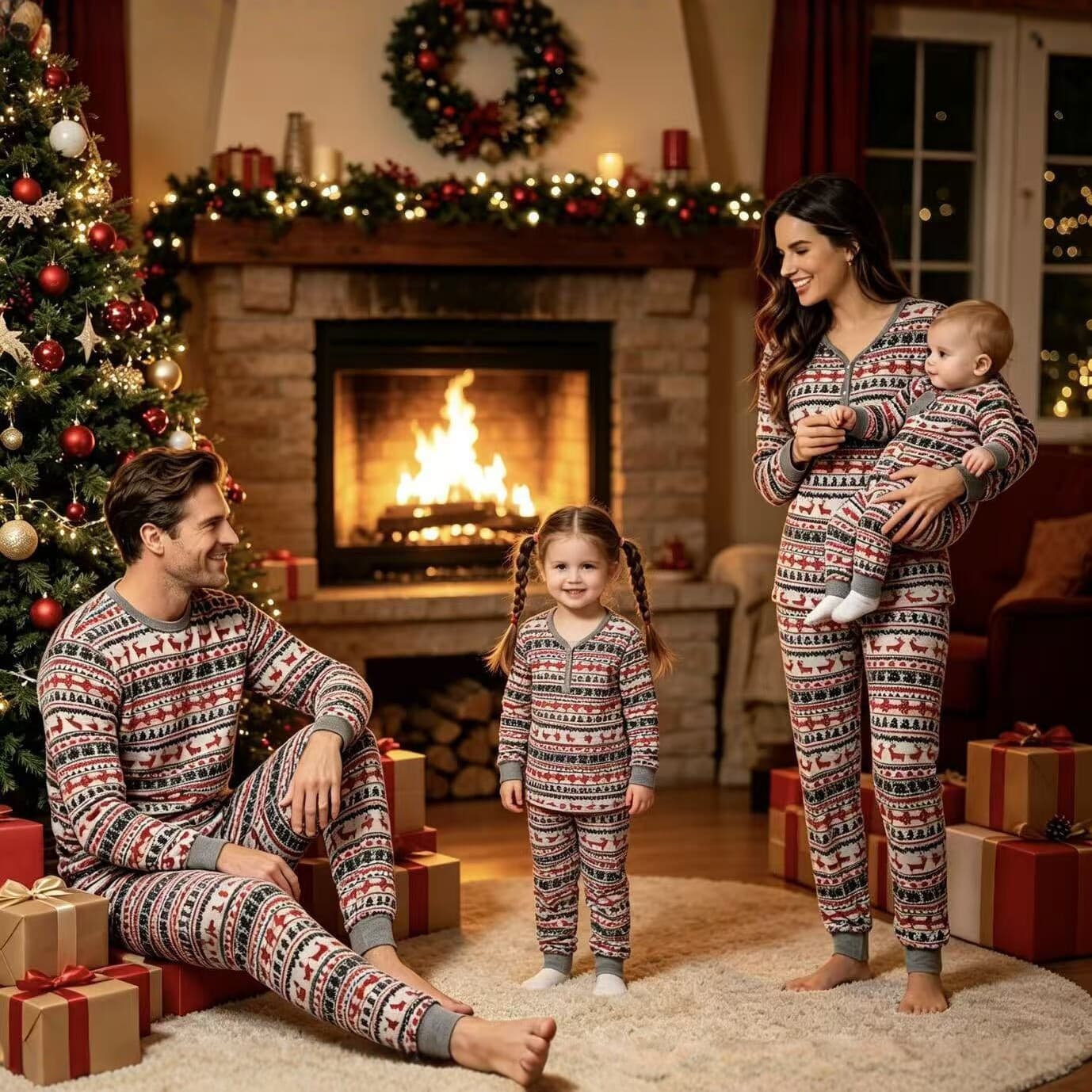 2025 New European and American Style Family Matching Christmas Pajama Set Long Sleeve Homewear Printed Sleepwear Fashion Two