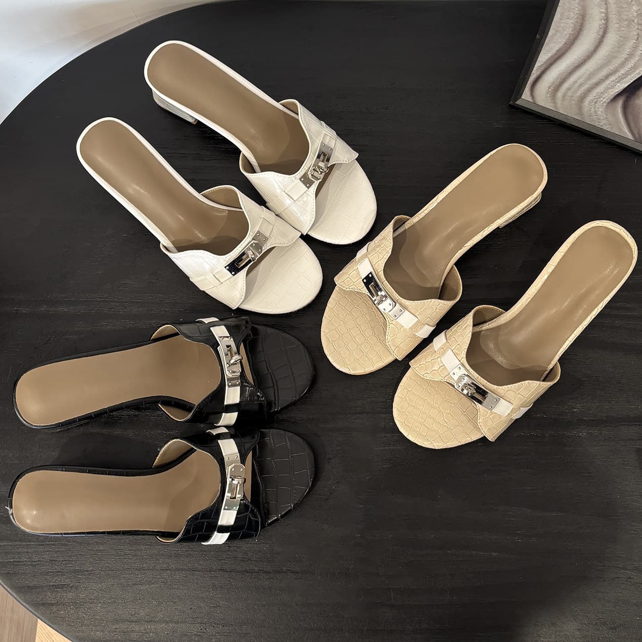 Chuyuji French Style Small Gold Buckle Crocodile Pattern One-Strap Slippers Women's Summer Outdoor Sandals Beach Half Slippers