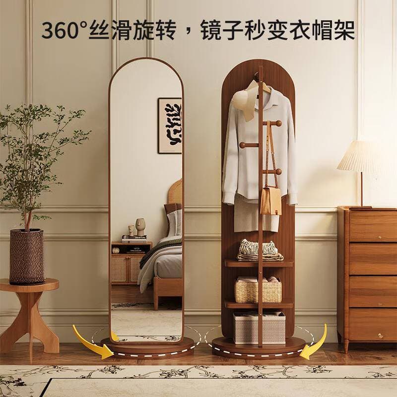 Mirror Cabinet Rotating Dressing Mirror with Clothing Rack, Floor Standing Movable Bedroom Wardrobe Rack New Floor Mirror
