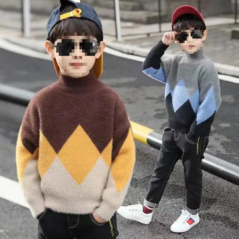 Boys' sweater thickened mink velvet 2025 new autumn/winter style medium/large children semi-high neck base layer shirt boy trendy clothing