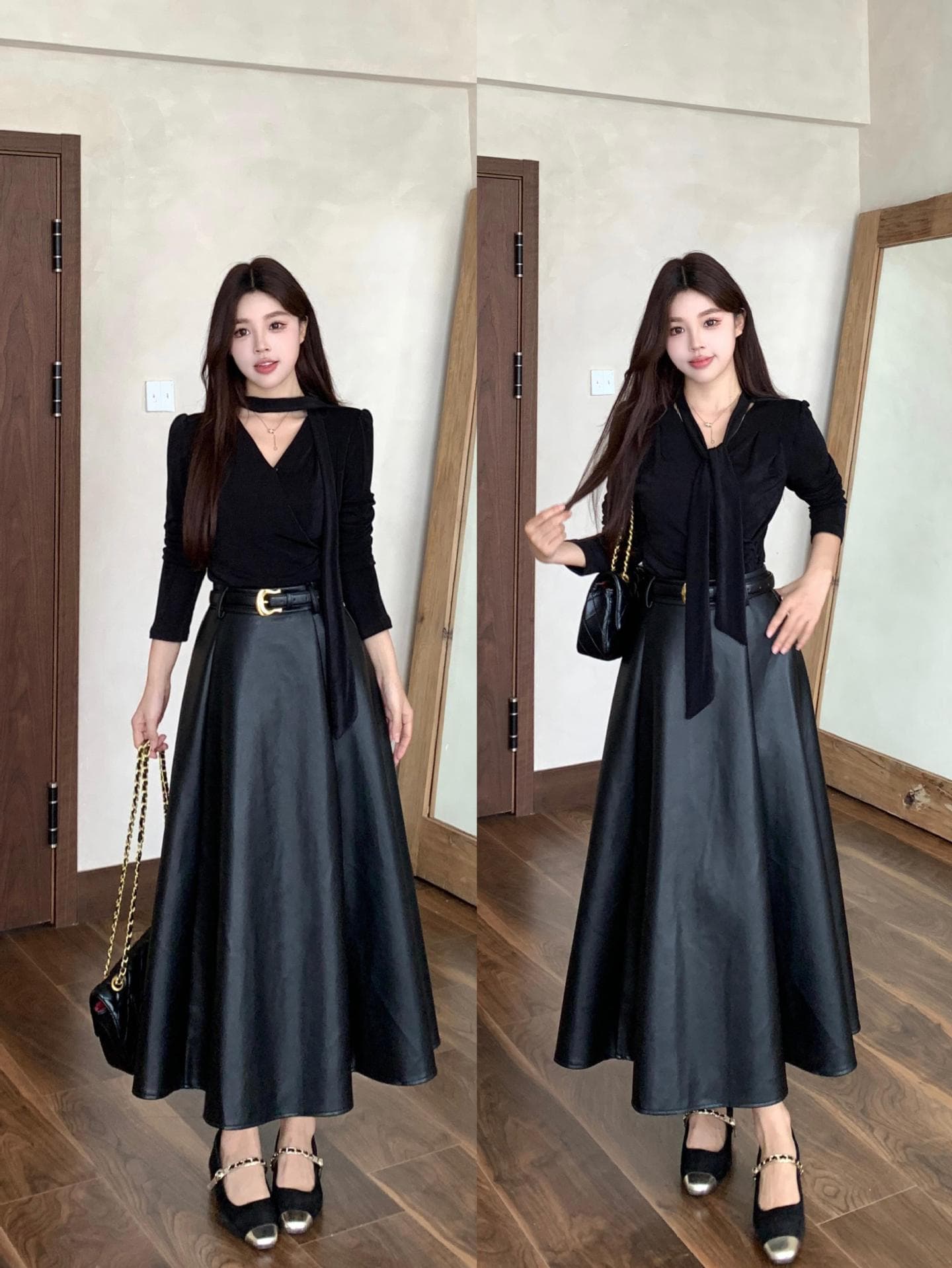 2025 Plus Size Fall/Winter Outfit Set in Black - Elegant and Age-Defying Two-Piece with Leather Skirt for Women