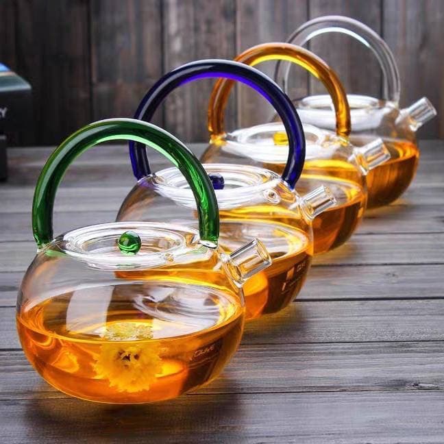 Manufacturer Wholesale Colored Handle Glass Teapot, High Borosilicate Glass Handle Tea Brewing Pot, Large Capacity Water Boiler and Fruit Infuser