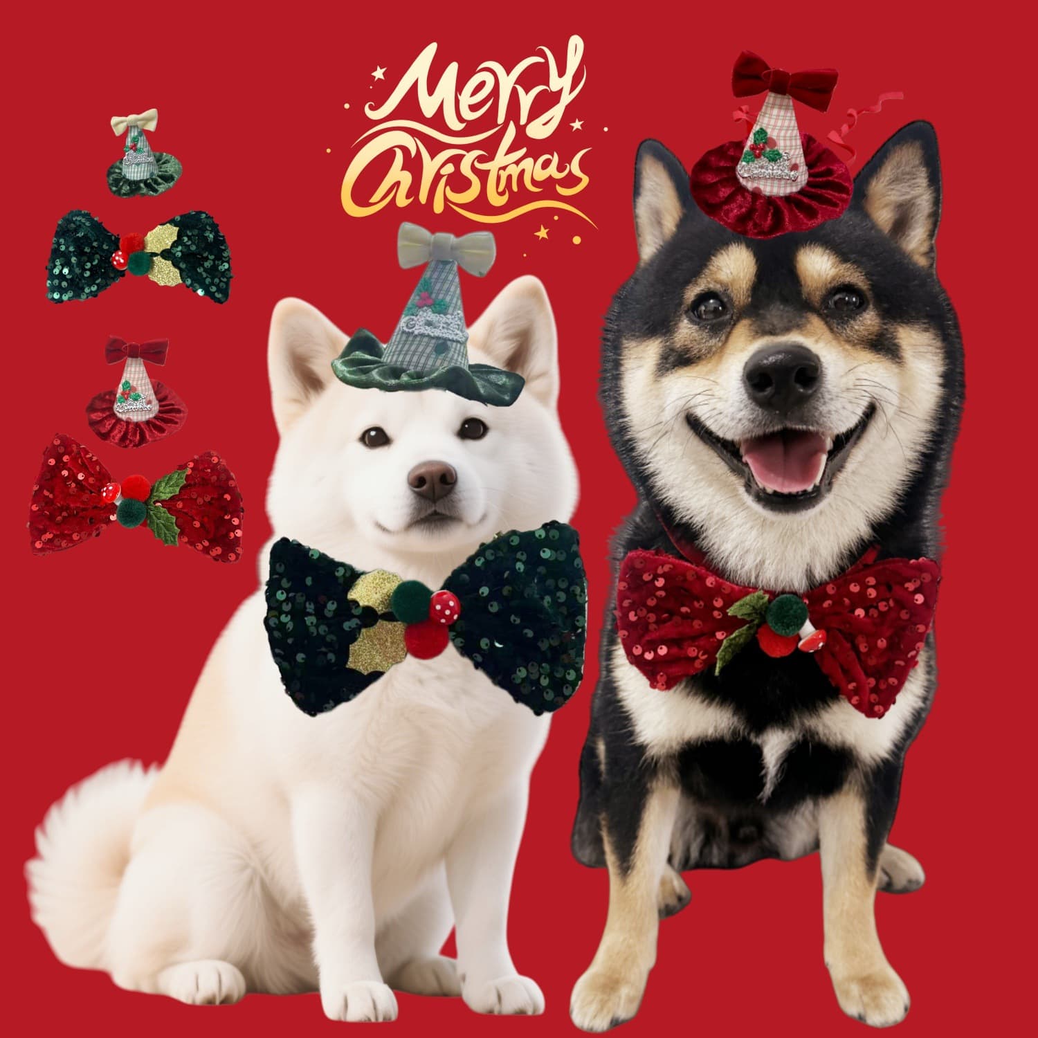 Pet Christmas Costume Sequined Velvet Accessories Cat Dog Bow Tie 3D Christmas Hat Set