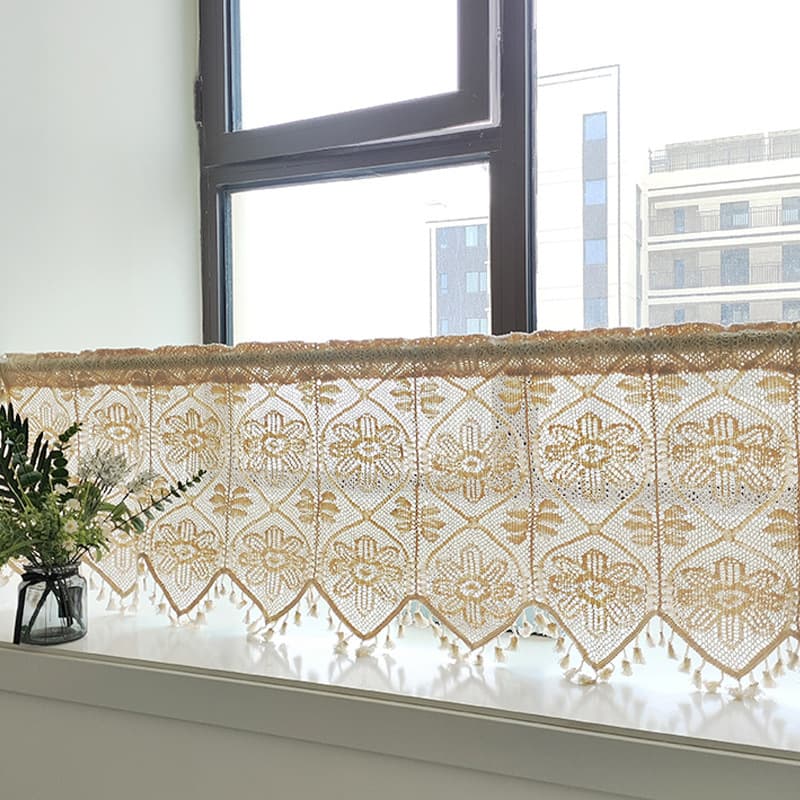 Vintage Crochet Splicing Fabric Half Curtain Short Curtain American-Style Small Window Curtain Self-Adhesive Door Curtain Free