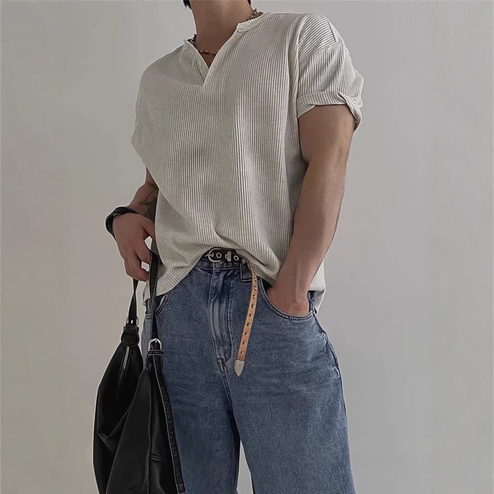 American waffle henley shirt men's hem slit slim fit short-sleeved workwear T-shirt textured tight-sleeved polo shirt trendy