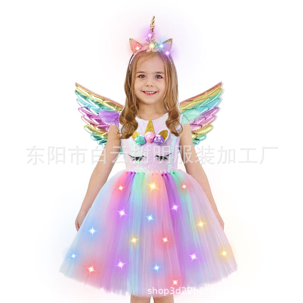 Unicorn girls dress with lights Halloween mesh skirt party wear glowing princess dress costume wings