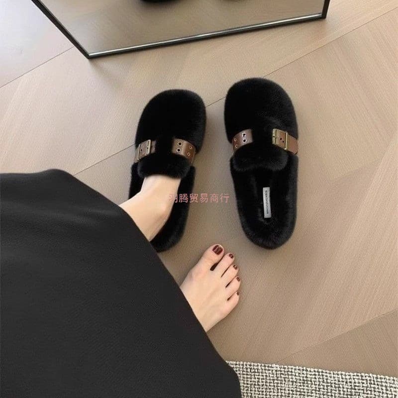 Rabbit Fur White Plush Slippers Women's Autumn/Winter New Flat Lazy Slip-On with Skirts Soft Sole Fleece Lined Bean Shoes