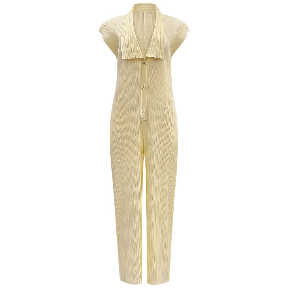 Advanced vertical pattern pleated jumpsuit summer V-neck buttoned loose slimming drape lazy straight casual jumpsuit