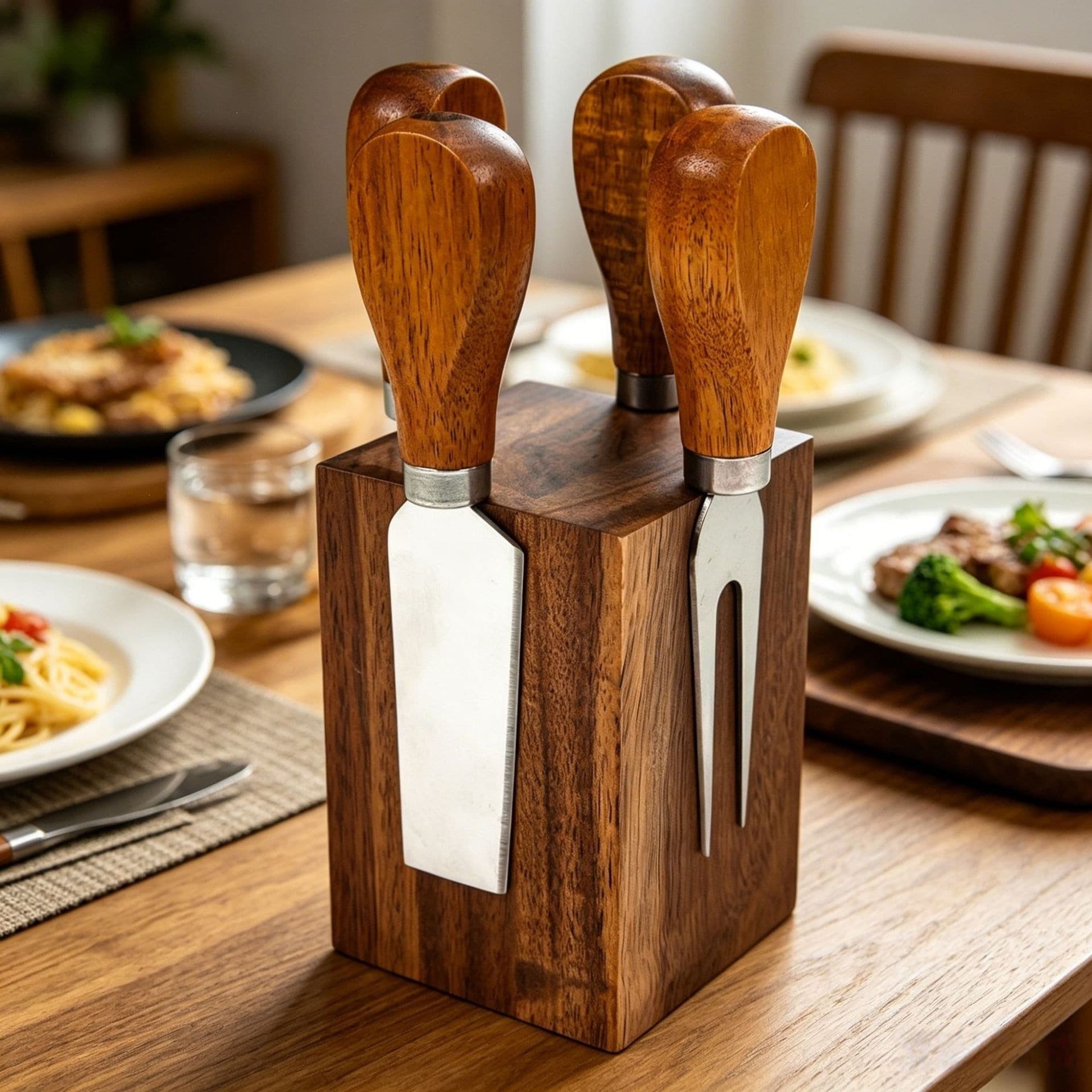 Wooden handle cheese knife, Western food tableware, knife, fork, spatula, four-piece set for cutting cheese, butter knife set, magnetic solid wood knife holder