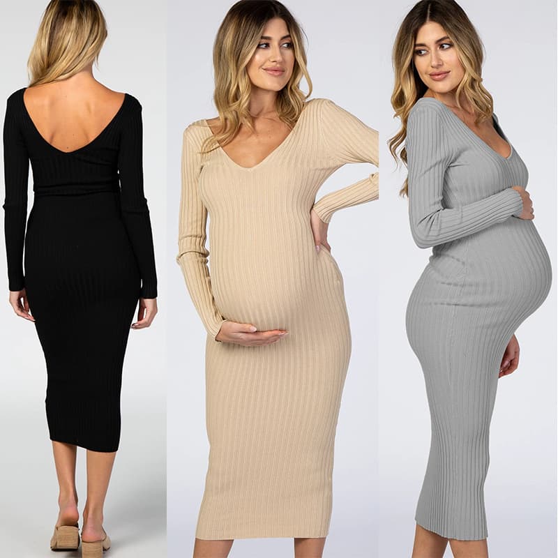 Factory Direct In-Stock Cross-Border Sourcing Sexy Slim V-Neck Long Sleeve Maternity Dress Multiple Colors Available