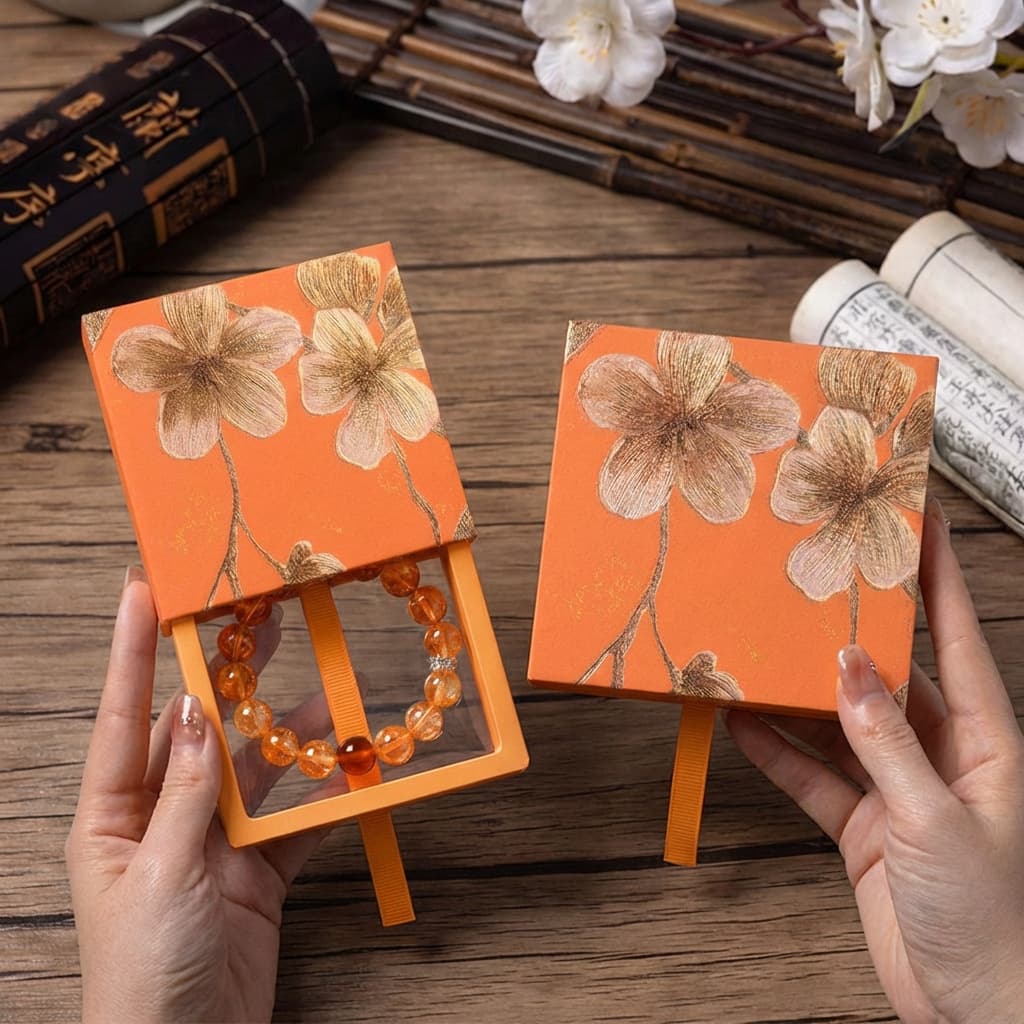 National style beautiful amber orange bracelet packaging box jewelry drawer box pe film suspension box retro bracelet pull-out box