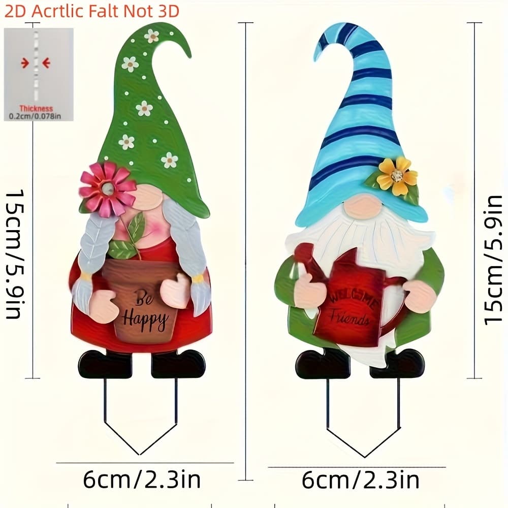 2D Flat 2-Piece Acrylic Gnome Decorative Garden Stakes Flower Yard Art Stakes for Backyard Porch Garden