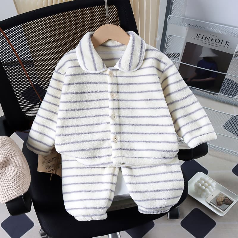 Girls' Flannel Pajama Set, Kids' Fleece-Lined Sleepwear, Fashionable Baby Autumn/Winter Horizontal Stripe Thick Homewear