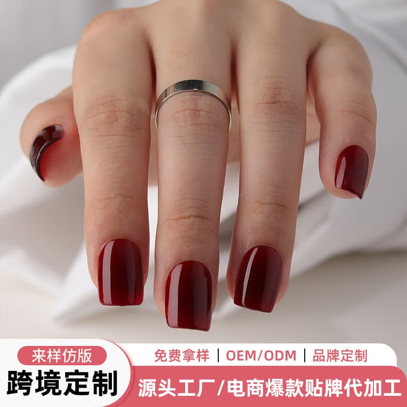 Cherry Red Solid Wearable Nail Tips, Short Square Pure Red Cross-border Finished False Nails, Gel Wine Red Manicure