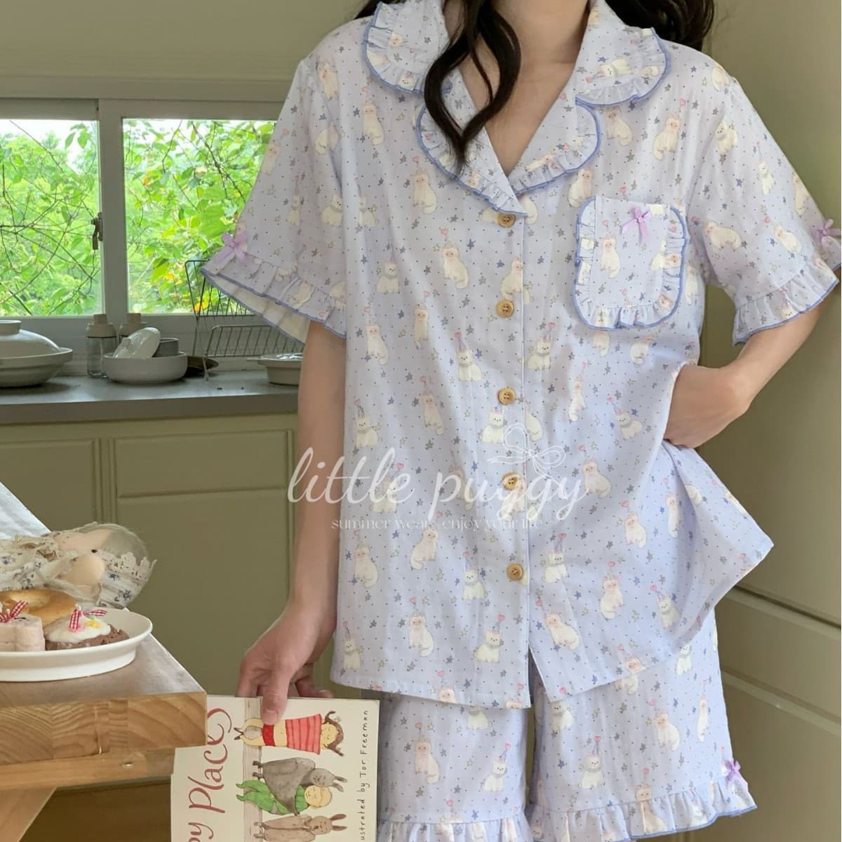 Little Puggy Summer Class A Double-Layer Gauze Cat and Dog Print Lapel Lace Short Sleeve Shorts Women's Homewear