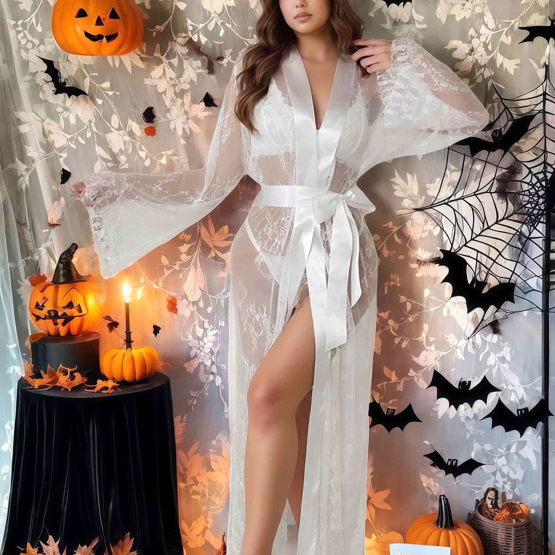 Halloween witch-themed sexy lingerie robe, luxurious and alluring lace nightgown, plus size European and American style morning robe.