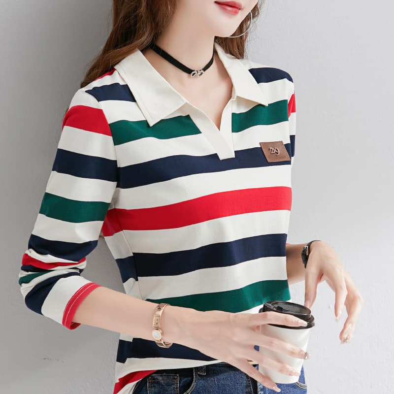 Striped Long-Sleeve T-Shirt for Women, Pure Cotton, Spring/Autumn, Designed with Polo Collar, Slim Fit, Thin Style, Elegant Top for Layering