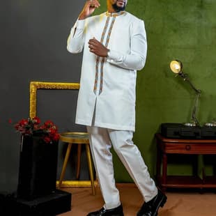 African Men's Set Long Sleeve Embroidered Shirt and Casual Pants 2-Piece Suit Wedding Men's Set