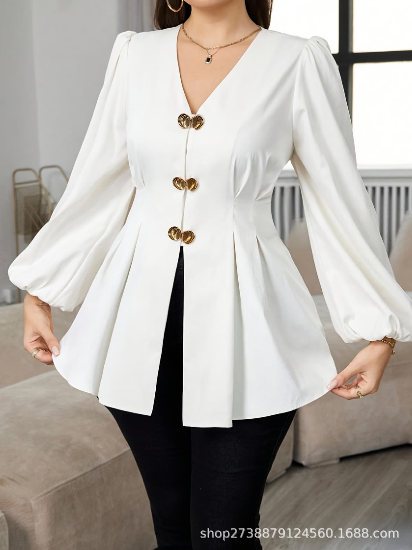 European and American Plus Size V-Neck Bubble Sleeve Cinched Waist Blouse Women Metal Button Hem Slimming Office Top Cross-Border Wholesale