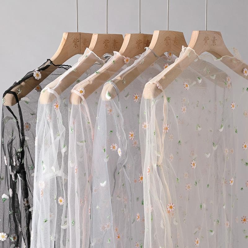 New Spring/Summer Daisy Embroidered Base Top Women's Long Sleeve Embroidered Mesh Top Lace Blouse