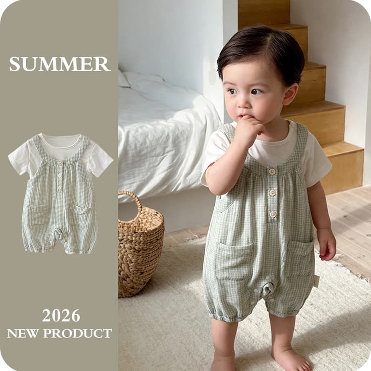 2026 New Casual Style Baby Overalls Set Summer Korean Plaid Children's Clothing Two-piece Set